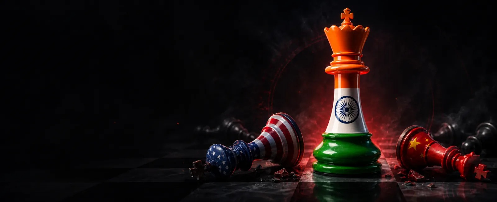 Red king standing among fallen black chess pieces